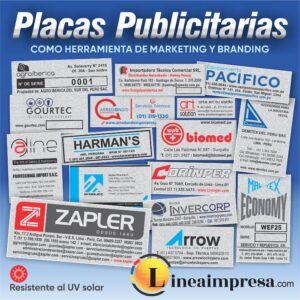 Linea, Impresa, Placas, Metal, resistente, UV, solar, Publicidad, herramienta, marketing, branding, para, Zapler, Agroiberica, Gourtec, Aline, Arrow, Demitex, Peru, Art, Biomed, INTELEC, Invercorp, Malvex, Pacifico